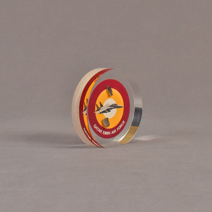 Angle view of 3 1/2" circle acrylic embedment with full color image