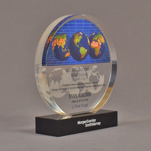 Angle view of 6" circle acrylic embedment with full color globe image - shown with optional base.