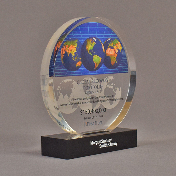 Angle view of 6" circle acrylic embedment with full color globe image - shown with optional base.
