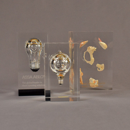 Three rectangle block acrylic embedment awards two with light bulbs the other with sea shells cast into clear acrylic.