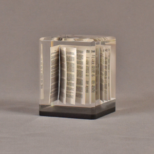 Angle view of 2 3/4" prospectus book acrylic embedment award with document mounted in clear acrylic.