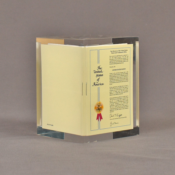 Angle view of 3 1/4" prospectus book acrylic embedment award with document mounted in clear acrylic.