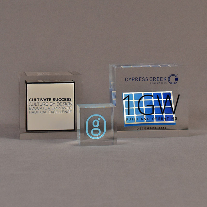 Three cube shaped acrylic embedment awards showing clarity of cast objects into crystal clear acrylic.