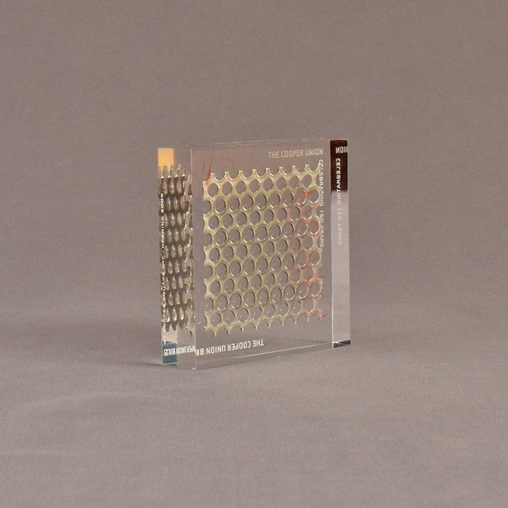 Angle view of 4" square acrylic embedment award with metal screen and Cooper Union cast in clear acrylic.