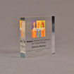Angle view of 5" square acrylic embedment award with Stryker logo and acetate printed text cast into acrylic.
