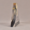 Side view of 6" triangle acrylic embedment award with Newport News coin mounted in crystal clear acrylic.