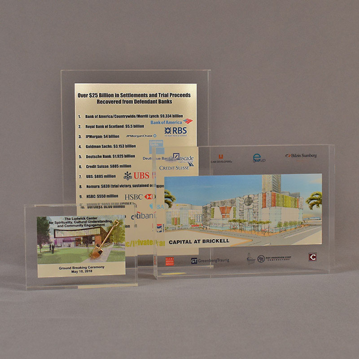 Three rectangle acrylic embedment awards showing clarity of objects, images and logos cast into crystal clear acrylic.