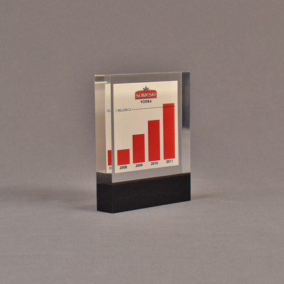 Angle view of 3 1/2" x 4" rectangle acrylic embedment award with Sobieski Vodka growth chart cast into acrylic.