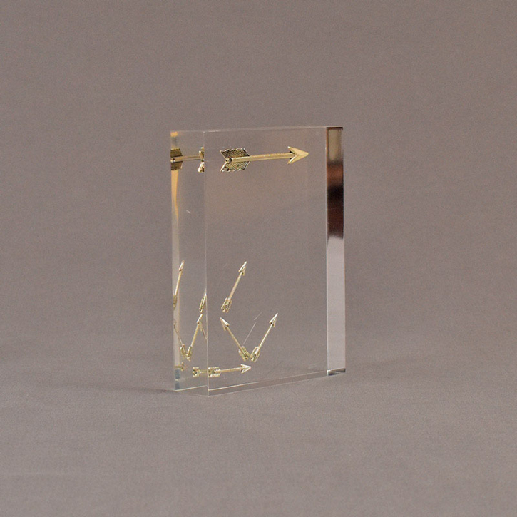 Angle view of 4" x 5" rectangle acrylic embedment award with brass arrows cast into crystal clear acrylic resin.