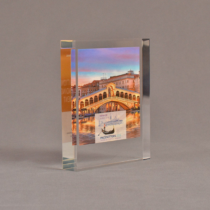 Angle view of 4 1/2" x 5" rectangle acrylic embedment award with Venice Pacesetters logo and photo cast into acrylic.