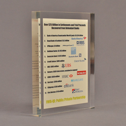 Angle view of 6" x 8" rectangle acrylic embedment award with Over $25 Billion Served message cast into acrylic.