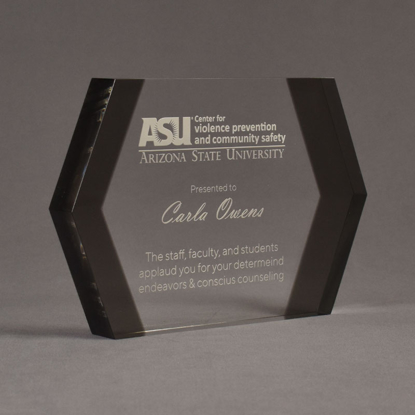 Angle view of ColorCast™ 9" Edges Acrylic Award with transparent grey color highlight showing trophy laser engraving.
