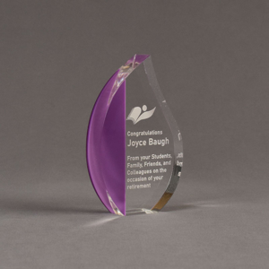 Angle view of ColorCast™ 6" Flame Acrylic Award with purple glitter color highlight showing trophy laser engraving.