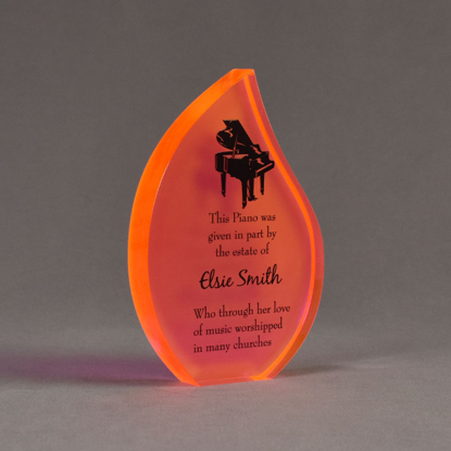 Angle view of ColorCast™ 7" Flame Acrylic Award with full back orange neon color highlight showing laser engraving.