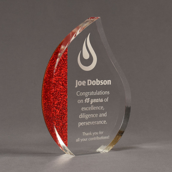 Angle view of ColorCast™ 8" Flame Acrylic Award with red glitter color highlight showing trophy laser engraving.