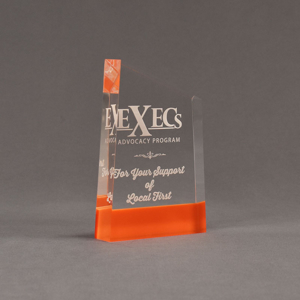 Angle view of ColorCast™ 6" Meridian Acrylic Award with orange color highlight showing trophy laser engraving.