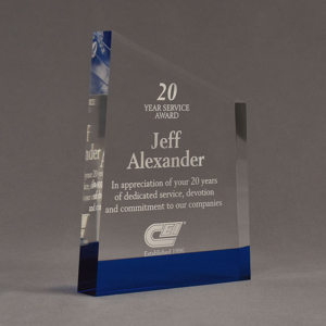 Angle view of ColorCast™ 8" Meridian Acrylic Award with transparent blue color highlight showing trophy laser engraving.