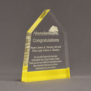 Angle view of ColorCast™ 8" Obelisk Acrylic Award with light yellow color highlight showing trophy laser engraving.