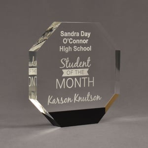 Angle view of ColorCast™ 7" Octagon Acrylic Award with black color highlight showing trophy laser engraving.
