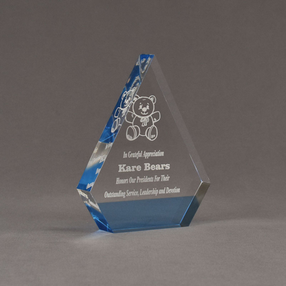 Angle view of ColorCast™ 6" Peak Acrylic Award with transparent light blue color highlight showing trophy laser engraving.