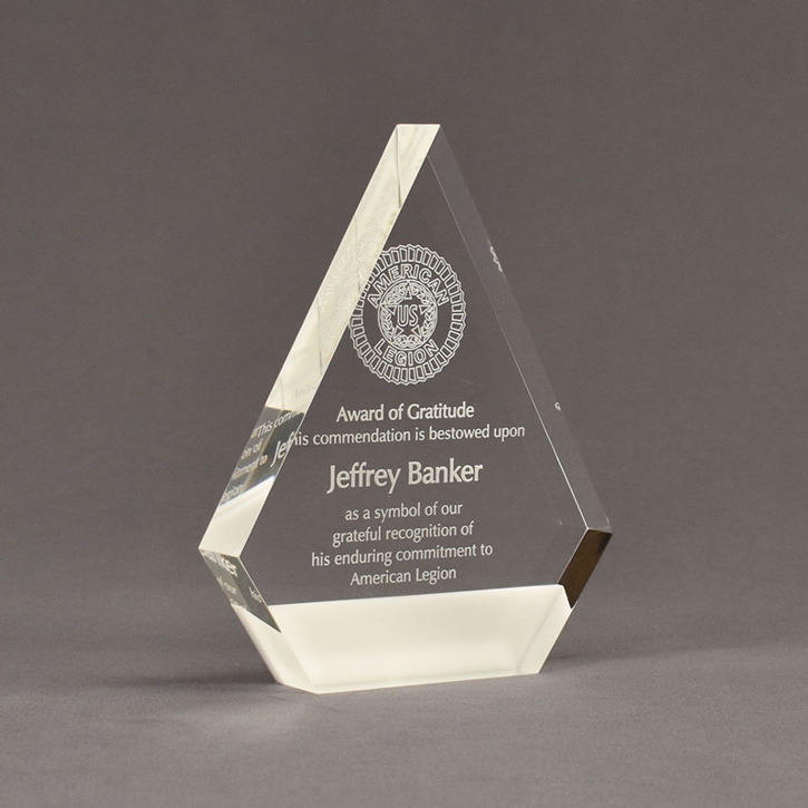 Angle view of ColorCast™ 7" Peak Acrylic Award with transparent white color highlight showing trophy laser engraving.