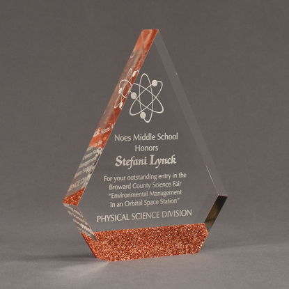 Angle view of ColorCast™ 8" Peak Acrylic Award with transparent copper glitter color highlight showing trophy laser engraving.