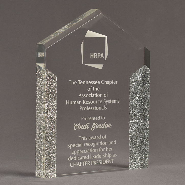 Angle view of ColorCast™ 9" Pillars Acrylic Award with silver glitter color highlight showing trophy laser engraving.