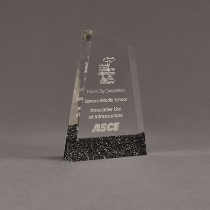 Angle view of ColorCast™ 6" Apex Acrylic Award with black glitter color highlight showing trophy laser engraving.