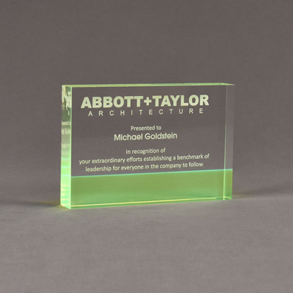 Angle view of ColorCast™ 6" Rectangle Acrylic Award with transparent green color highlight showing trophy laser engraving.