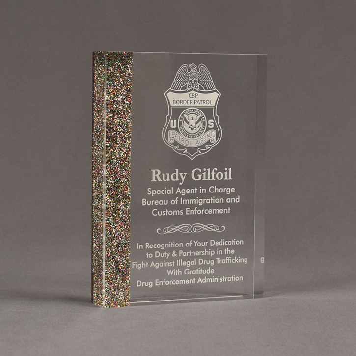 Angle view of ColorCast™ 7" Rectangle Acrylic Award with rainbow glitter color highlight showing trophy laser engraving.