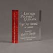 Angle view of ColorCast™ 6" Square Acrylic Award with transparent red glitter color highlight showing trophy laser engraving.