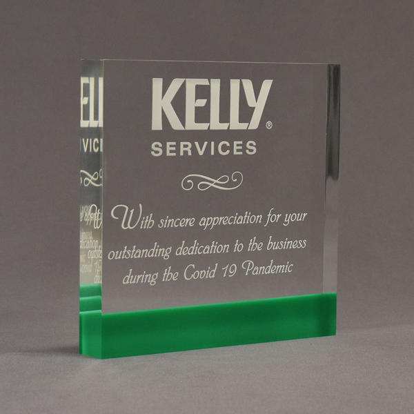 Angle view of ColorCast™ 7" Square Acrylic Award with kelly green color highlight showing trophy laser engraving.