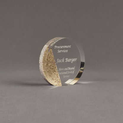 Angle view of Composites™ 4" Circle Acrylic Award with Aspen Brown Staron® accent showing trophy laser engraving.