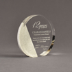 Angle view of Composites™ 6" Circle Acrylic Award with Sanded White Pepper Staron® accent showing trophy laser engraving.