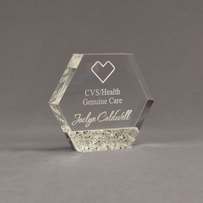 Angle view of Composites™ 5" Hexagon Acrylic Award with Platinum Grey Staron® accent showing trophy laser engraving.