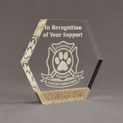 Angle view of Composites™ 7" Hexagon Acrylic Award with Aspen Brown Staron® accent showing trophy laser engraving.