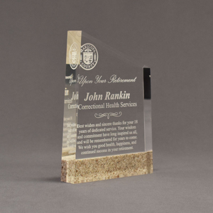 Angle view of Composites™ 7" Meridian Acrylic Award with Aspen Brown Staron® accent showing trophy laser engraving.