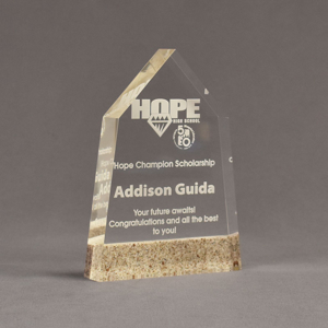 Angle view of Composites™ 7" Obelisk Acrylic Award with Aspen Brown Staron® accent showing trophy laser engraving.