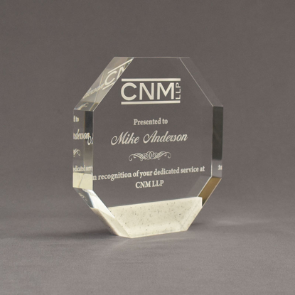 Angle view of Composites™ 6" Octagon Acrylic Award with Sanded White Pepper Staron® accent showing trophy laser engraving.
