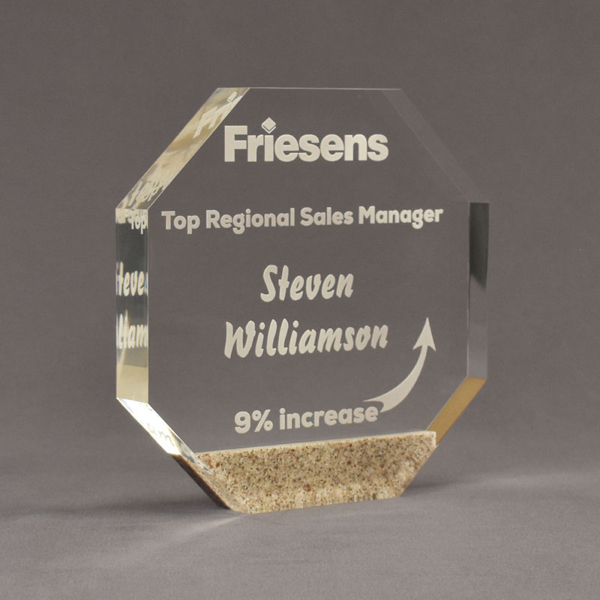 Angle view of Composites™ 7" Octagon Acrylic Award with Aspen Brown Staron® accent showing trophy laser engraving.