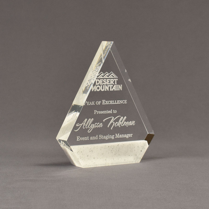Angle view of Composites™ 6" Peak Acrylic Award with Sanded White Pepper Staron® accent showing trophy laser engraving.