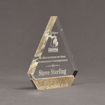 Angle view of Composites™ 7" Peak Acrylic Award with Aspen Brown Staron® accent showing trophy laser engraving.