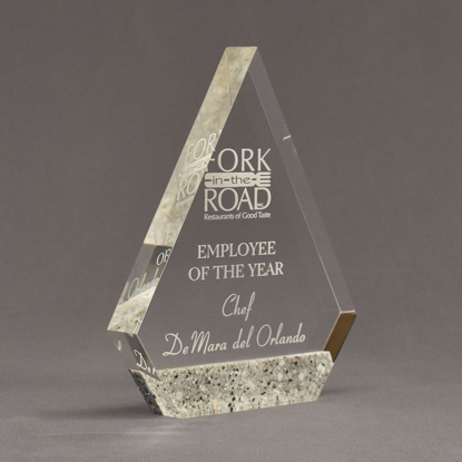 Angle view of Composites™ 8" Peak Acrylic Award with Platinum Grey Staron® accent showing trophy laser engraving.