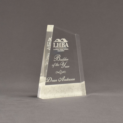 Angle view of Composites™ 6" Apex Acrylic Award with Sanded White Pepper Staron® accent showing trophy laser engraving.