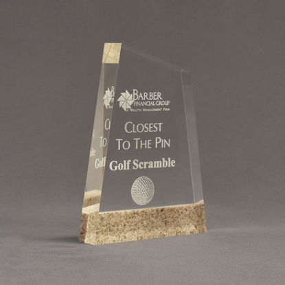 Angle view of Composites™ 7" Apex Acrylic Award with Aspen Brown Staron® accent showing trophy laser engraving.