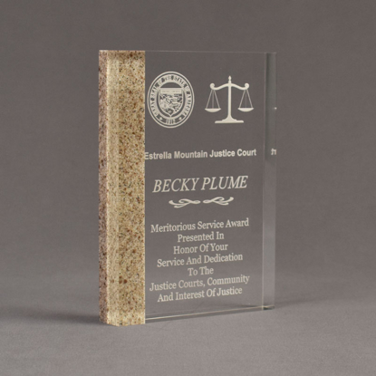 Angle view of Composites™ 7" Rectangle Acrylic Award with Aspen Brown Staron® accent showing trophy laser engraving.