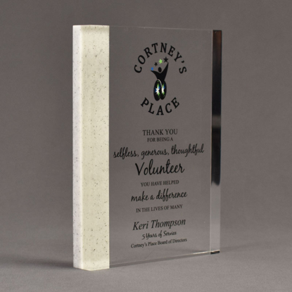 Angle view of Composites™ 8" Rectangle Acrylic Award with Sanded White Pepper Staron® accent showing full color imprint.