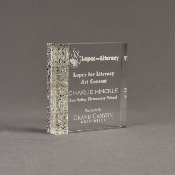 Angle view of Composites™ 5" Square Acrylic Award with Platinum Grey Staron® accent showing trophy laser engraving.