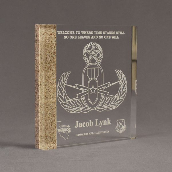 Angle view of Composites™ 7" Square Acrylic Award with Aspen Brown Staron® accent showing trophy laser engraving.