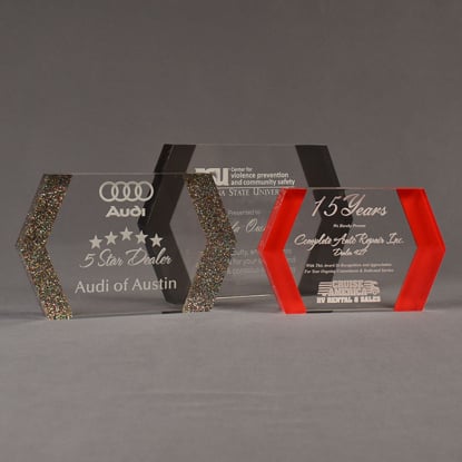 Three ColorCast™ Edges Acrylic Awards grouped showing multi glitter, smoke transparent and red accent color options.